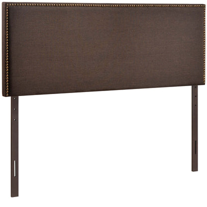 Dark brown fabric upholstered headboard with brass nailhead trim and two vertical mounting posts.