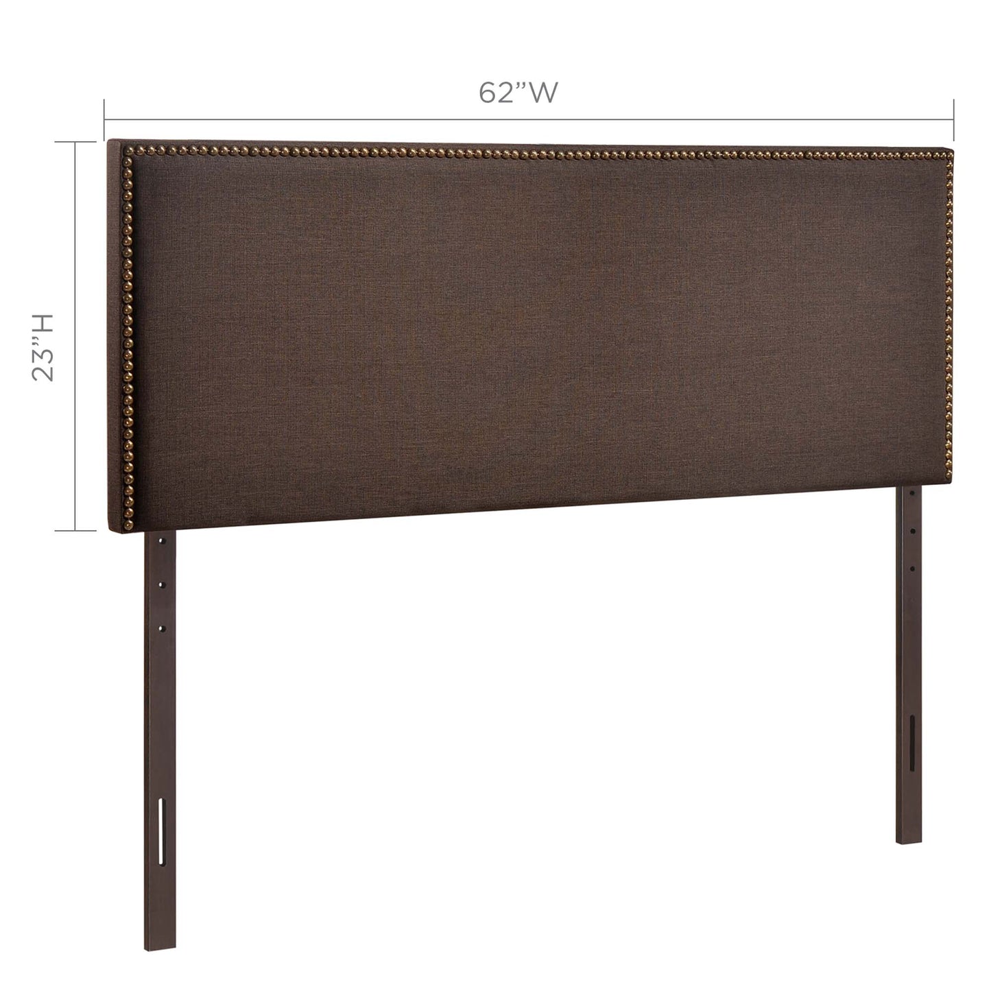 Dark brown upholstered queen headboard with nailhead trim, modern rustic style.