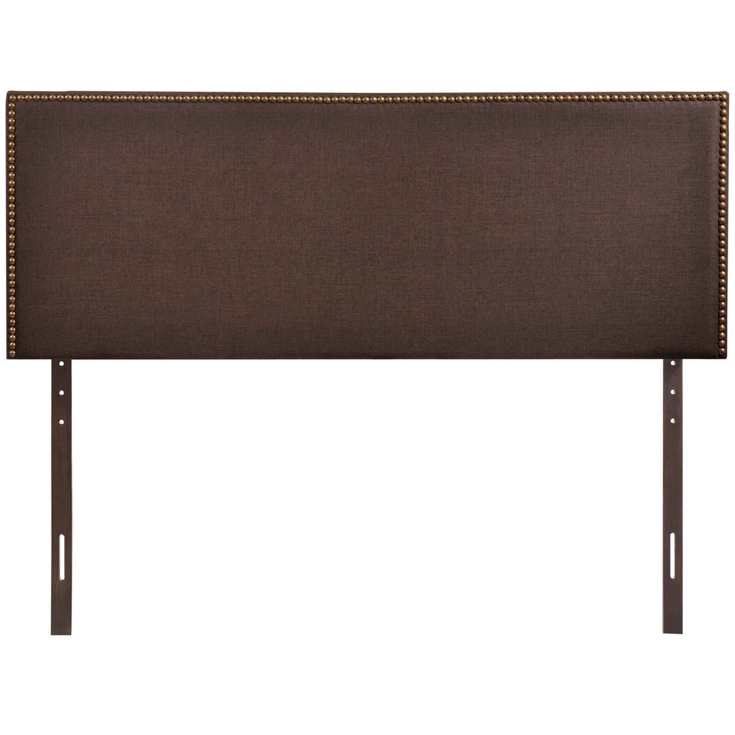 Dark brown upholstered headboard panel with brass nailhead trim and slotted metal mounting rails.