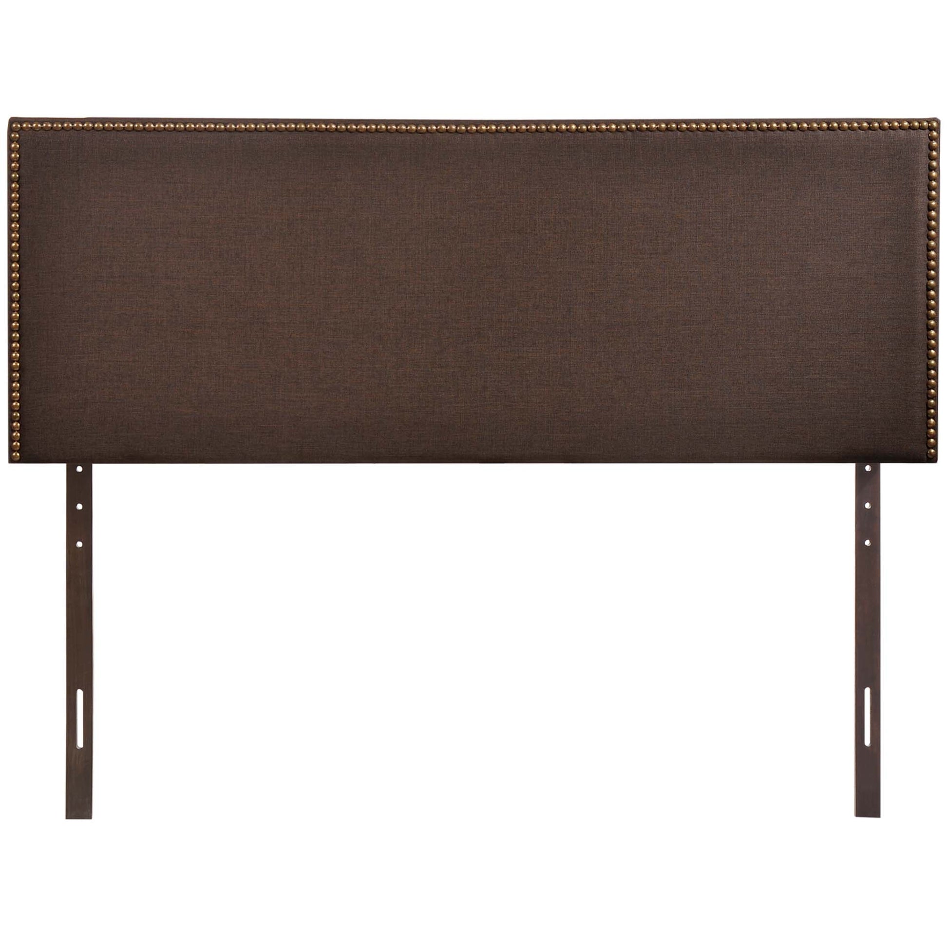 Dark brown upholstered headboard panel with brass nailhead trim and slotted metal mounting rails.
