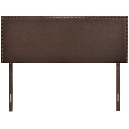 Dark brown upholstered headboard panel with brass nailhead trim and slotted metal mounting rails.
