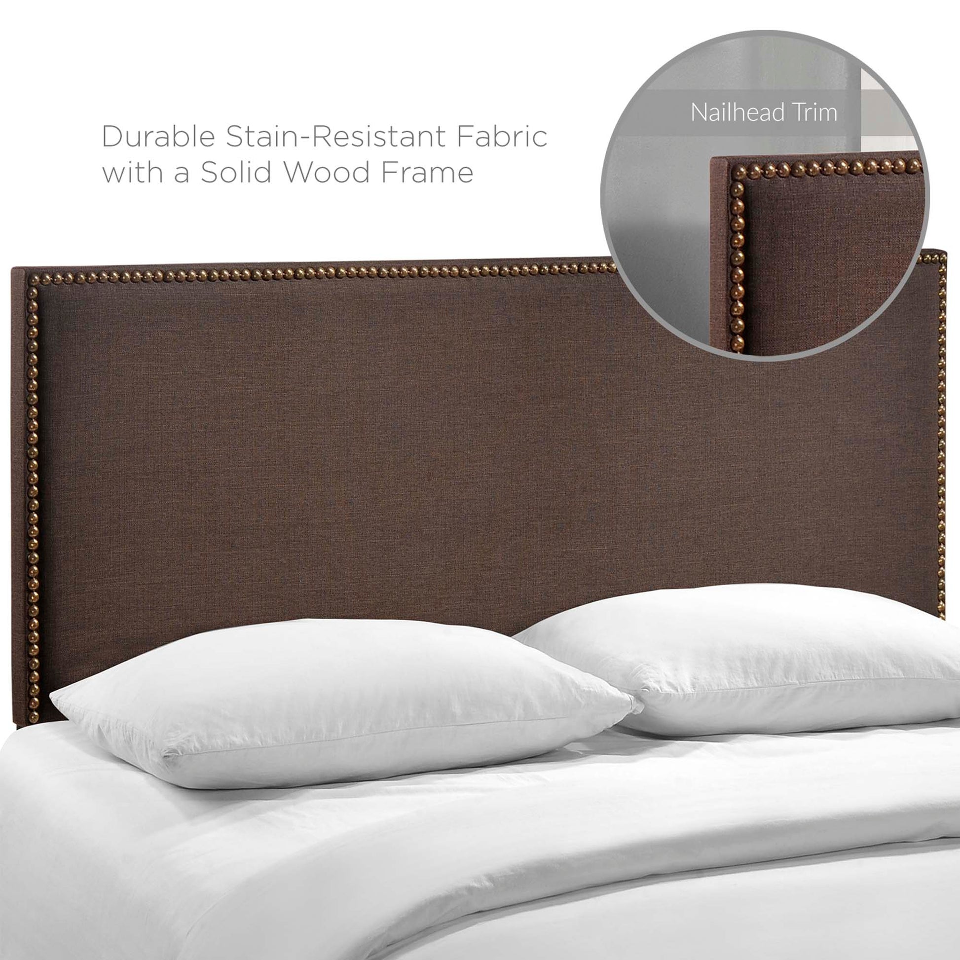 Dark brown upholstered headboard with nailhead trim; stain-resistant fabric on solid wood frame.