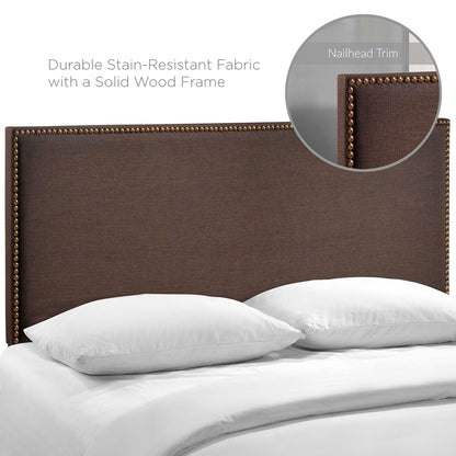 Dark brown upholstered headboard with nailhead trim; stain-resistant fabric on solid wood frame.