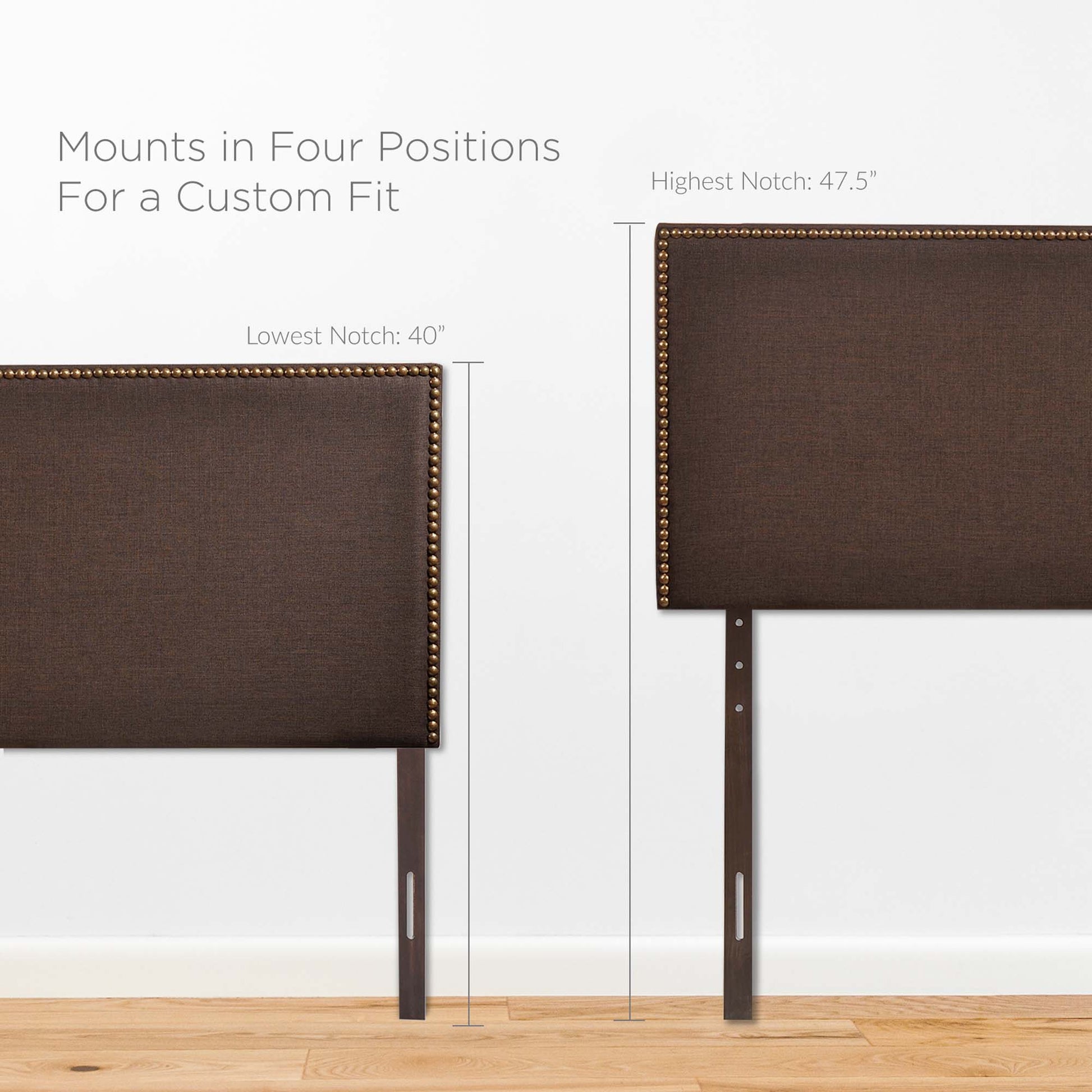 Dark brown upholstered headboard with brass nailhead trim and adjustable metal legs for four mounting positions.