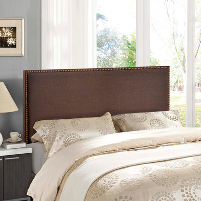 Dark brown upholstered queen headboard with nailhead trim.