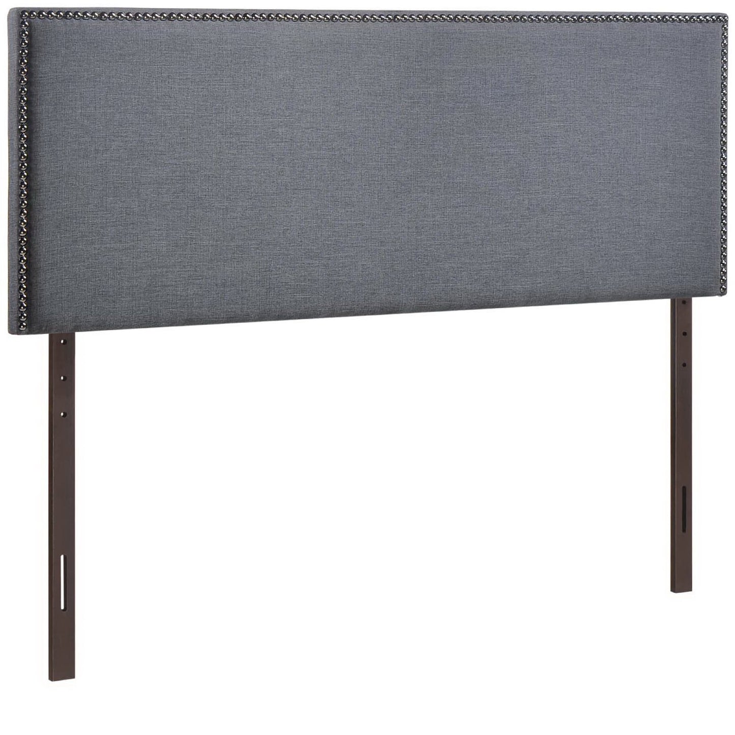 Black fabric upholstered queen headboard with nailhead border and dark wood legs.