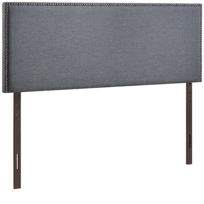 Black fabric upholstered queen headboard with nailhead border and dark wood legs.