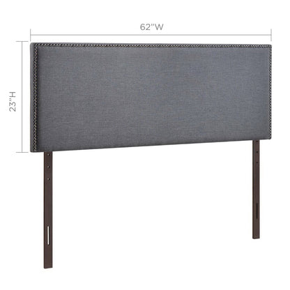 62"W black upholstered headboard with nailhead trim, freestanding with dark wood legs.