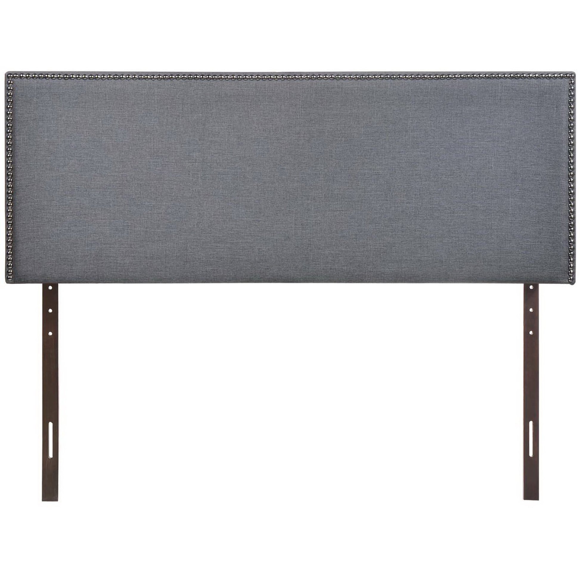 Black fabric upholstered queen headboard with nailhead trim & dark metal mounting legs