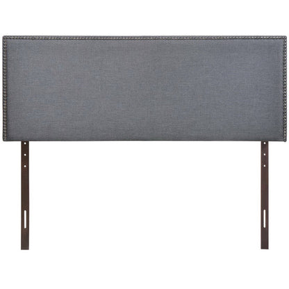 Black fabric upholstered queen headboard with nailhead trim & dark metal mounting legs