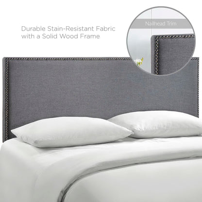 Black upholstered queen headboard with nailhead trim, stain-resistant fabric and solid wood frame, white bedding.