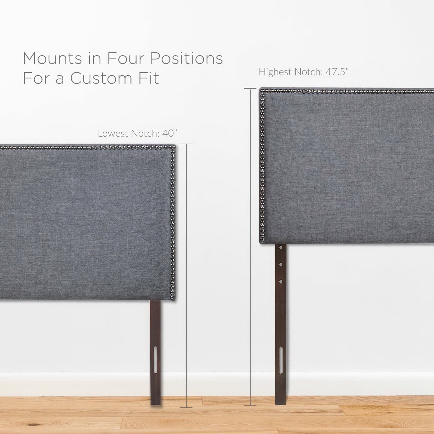 Black upholstered headboard with nailhead trim on dark wood legs; four mount positions, height 40–47.5 inches.