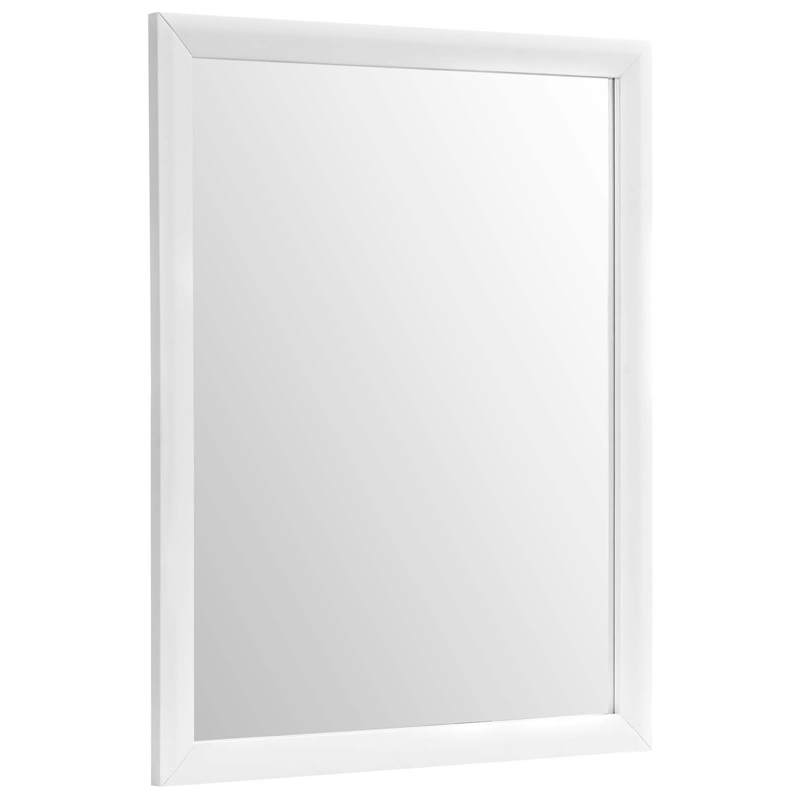 White rectangular wall mirror with a thick frame, minimalist bathroom styling.