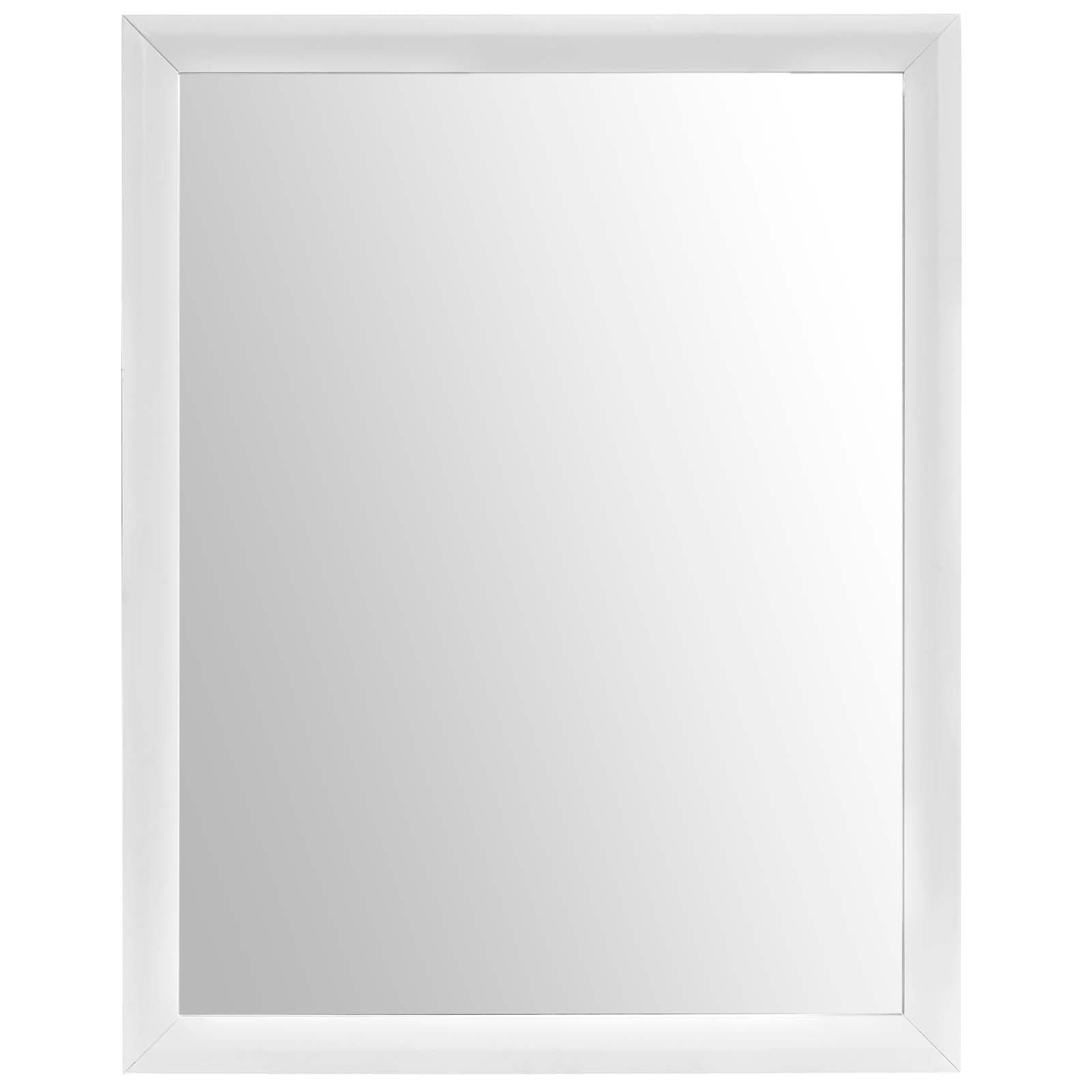 White rectangular wall mirror with a wide glossy frame.