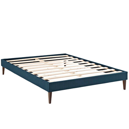 Azure fabric upholstered platform bed frame with slatted wood base and squared tapered legs.