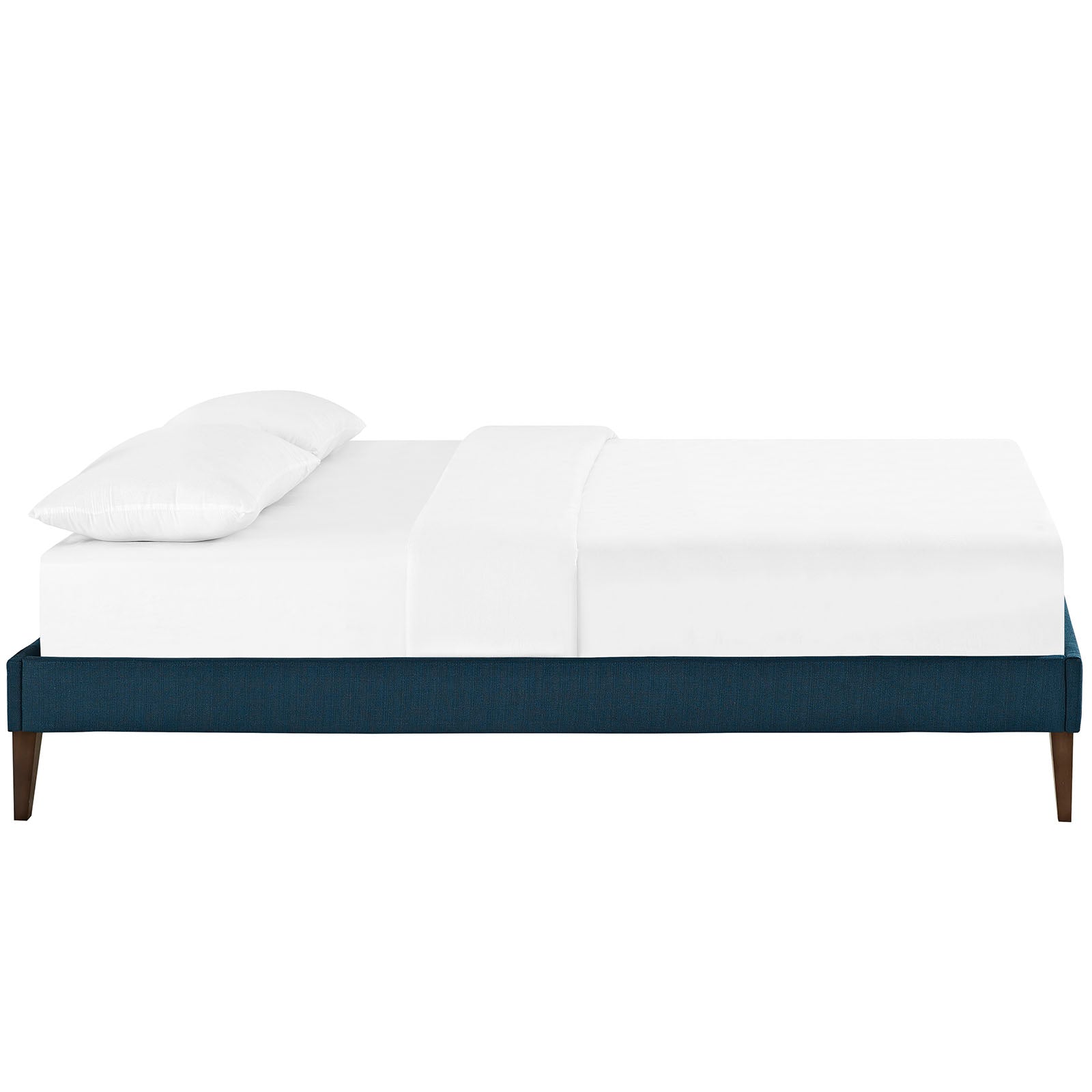 Azure fabric full bed frame with squared tapered legs, white bedding, modern minimalist style.