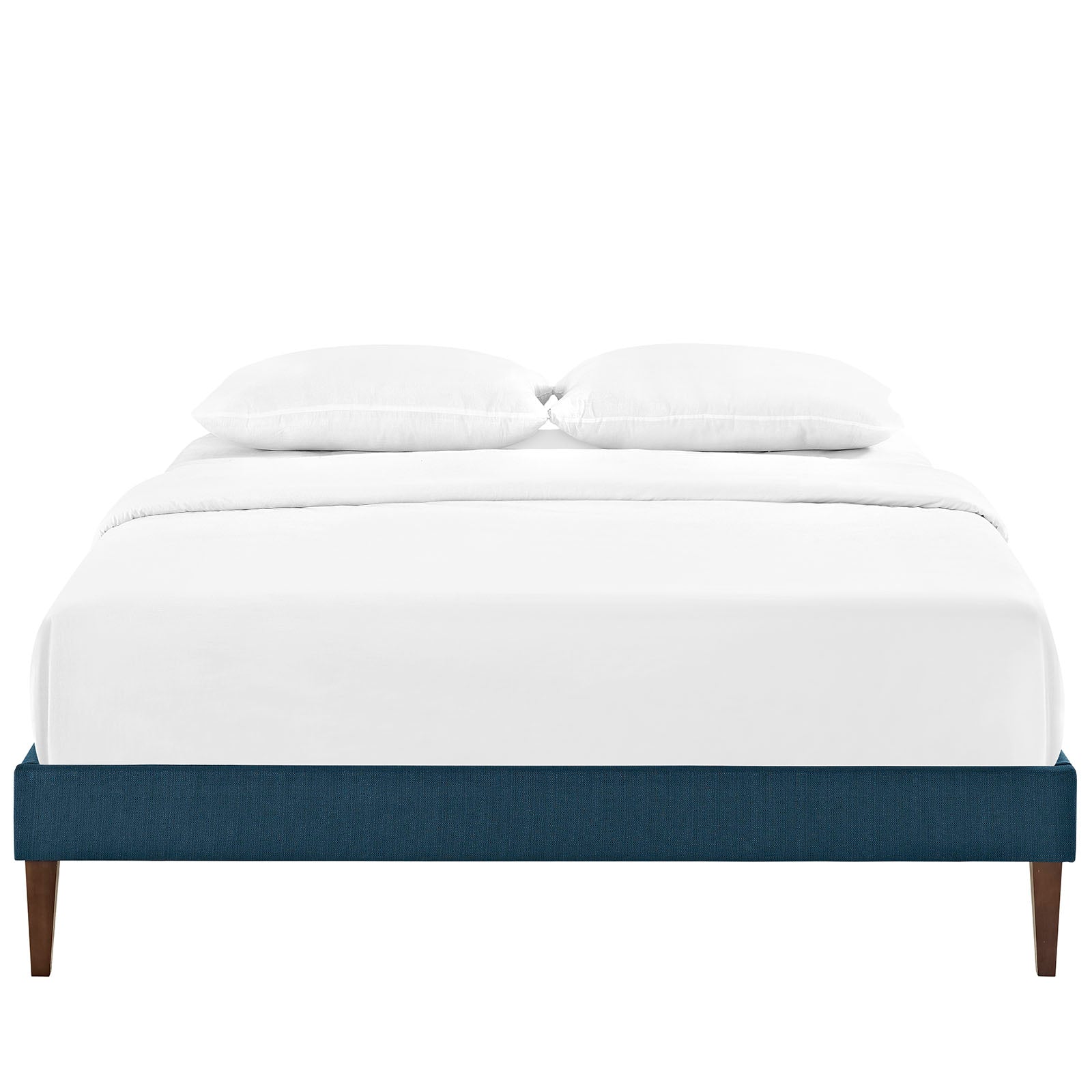 Azure fabric full bed frame with squared tapered legs, white bedding and two pillows.