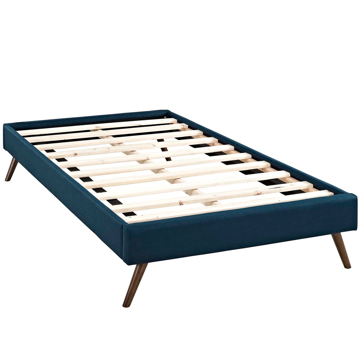 Azure fabric twin bed frame with round splayed legs and light wooden slats