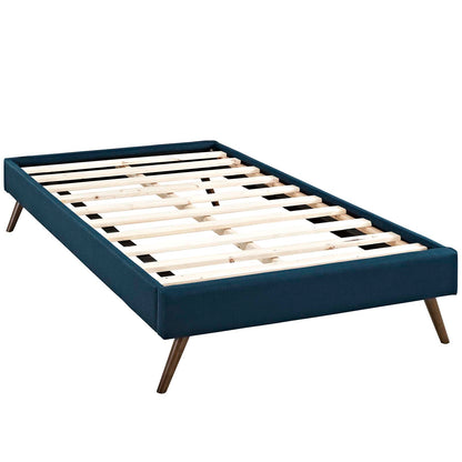 Azure fabric twin bed frame with round splayed legs and light wooden slats