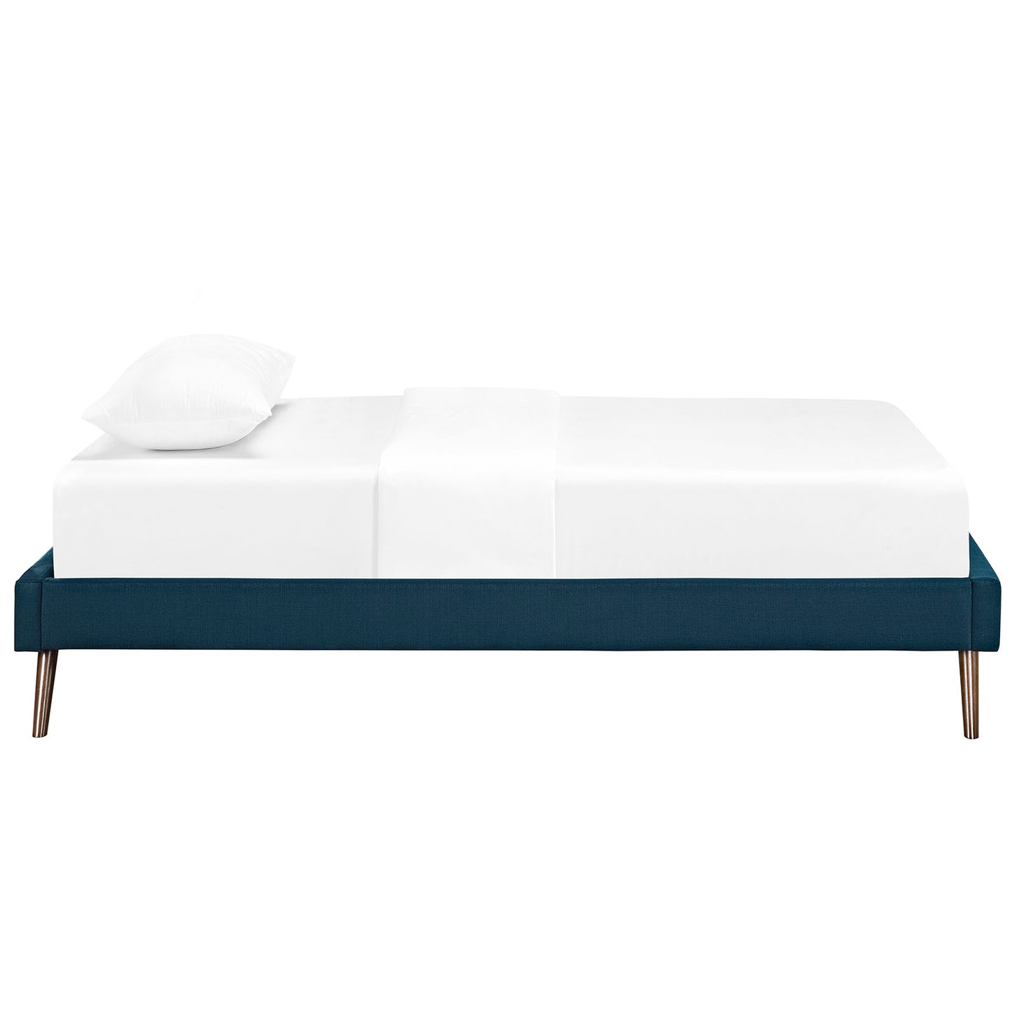 Azure fabric twin bed frame with round splayed legs.