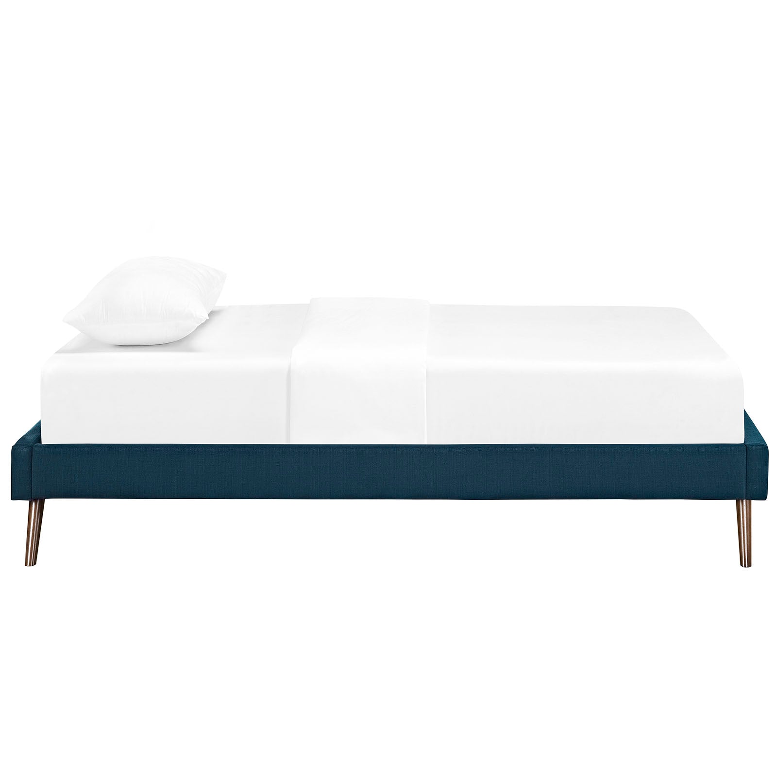 Azure fabric twin bed frame with round splayed legs.