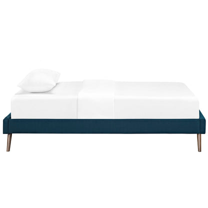Azure fabric twin bed frame with round splayed legs.