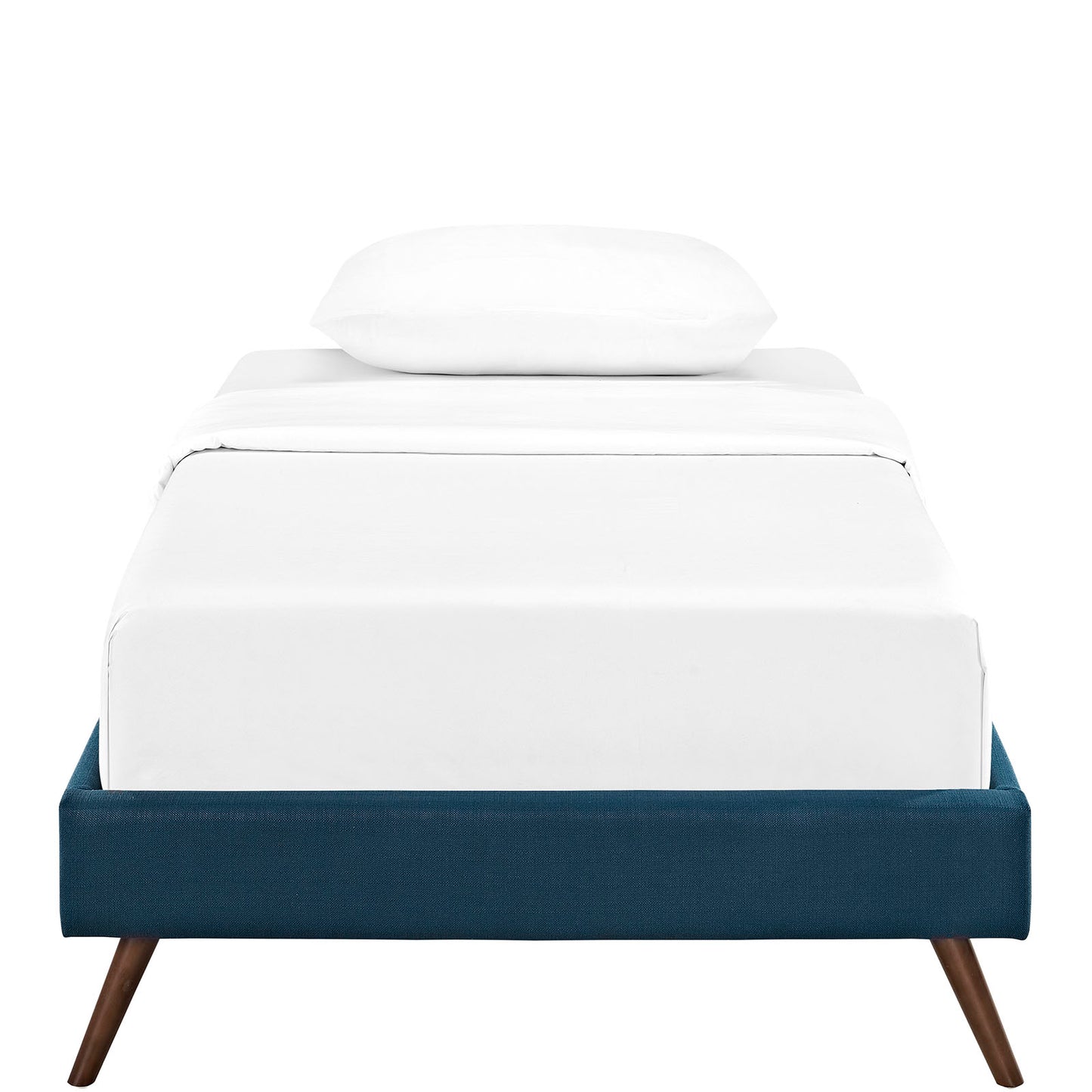 Blue fabric twin bed frame with white bedding and a single pillow, round splayed legs.