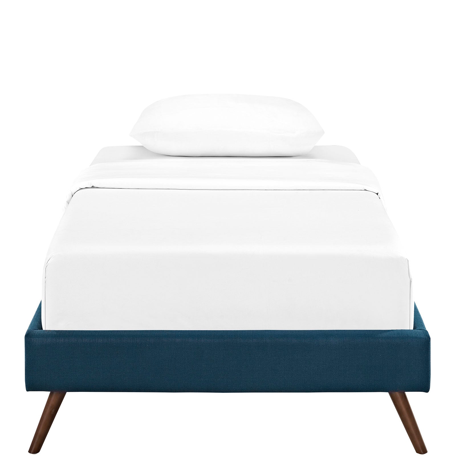 Blue fabric twin bed frame with white bedding and a single pillow, round splayed legs.