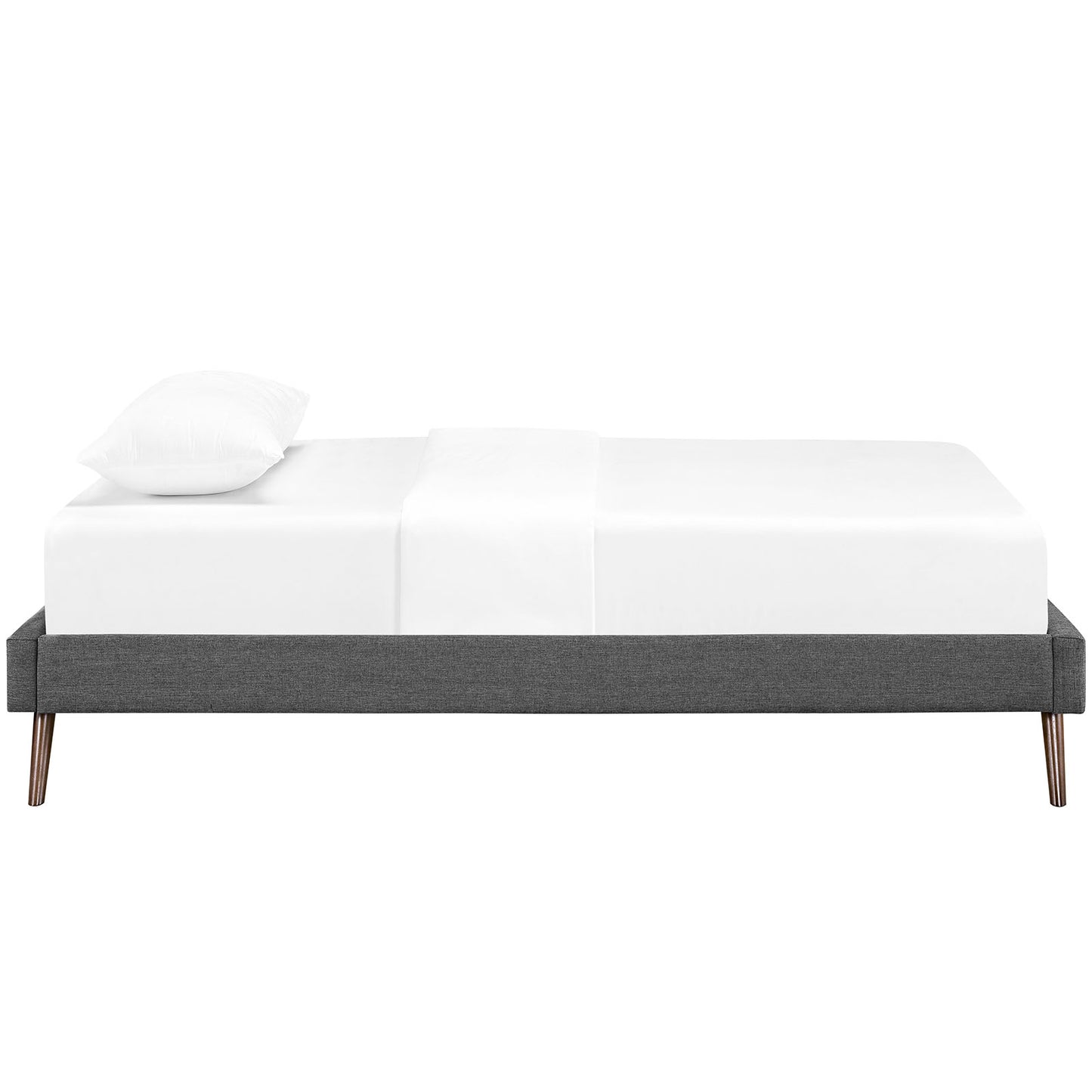 Grey fabric twin bed frame with round splayed legs, white mattress and pillow, modern minimalist style.
