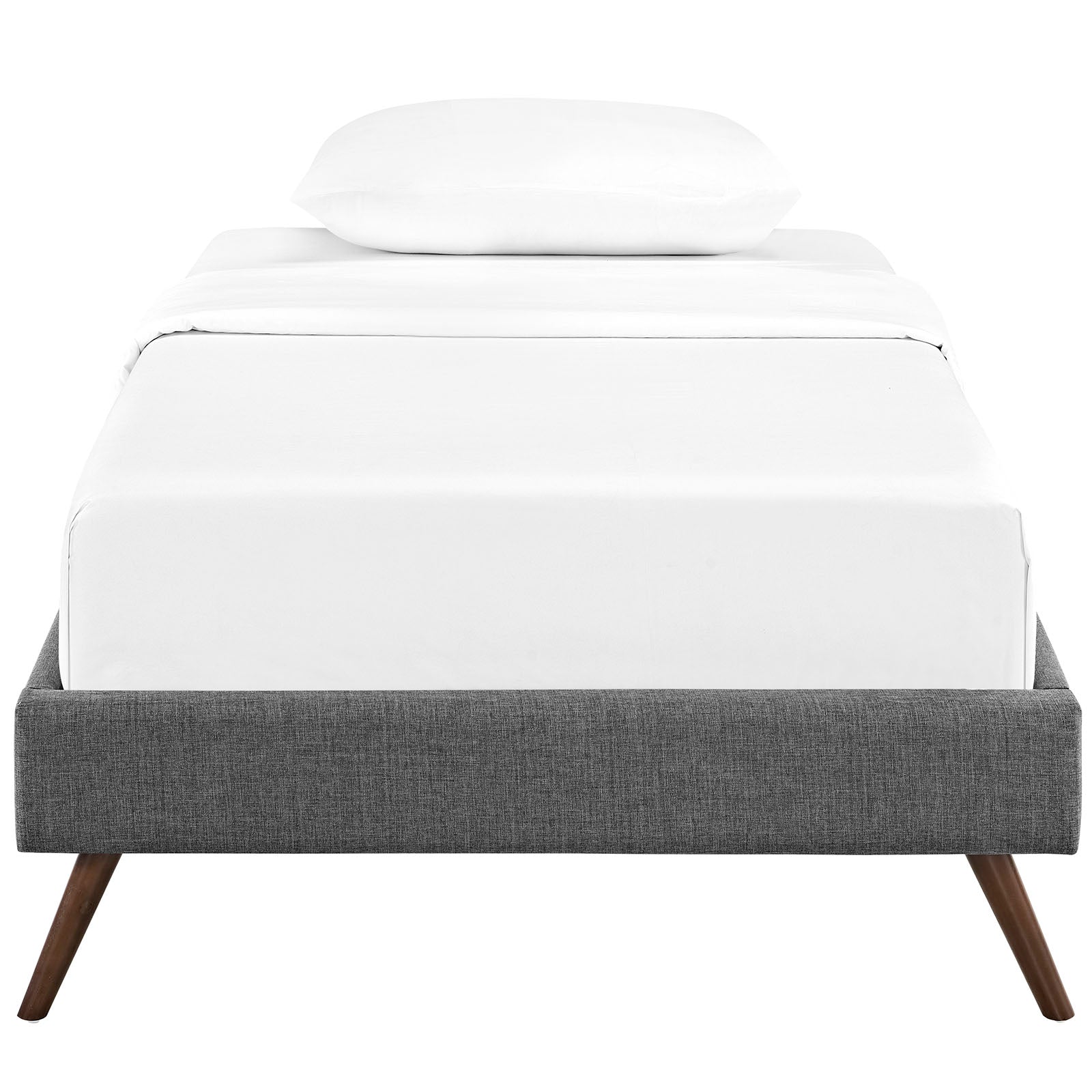 Gray fabric twin bed frame with round splayed legs and a white mattress.