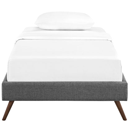 Gray fabric twin bed frame with round splayed legs and a white mattress.