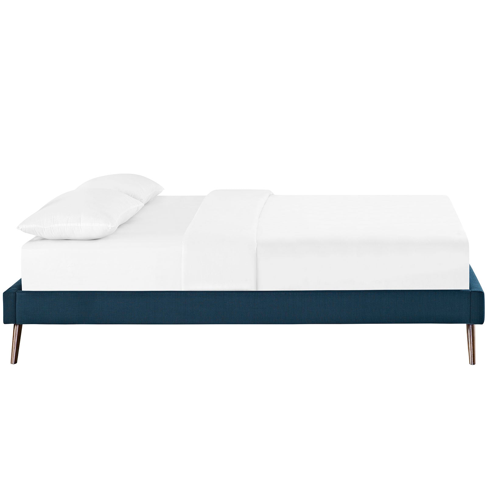 Azure fabric full bed frame with round splayed legs.