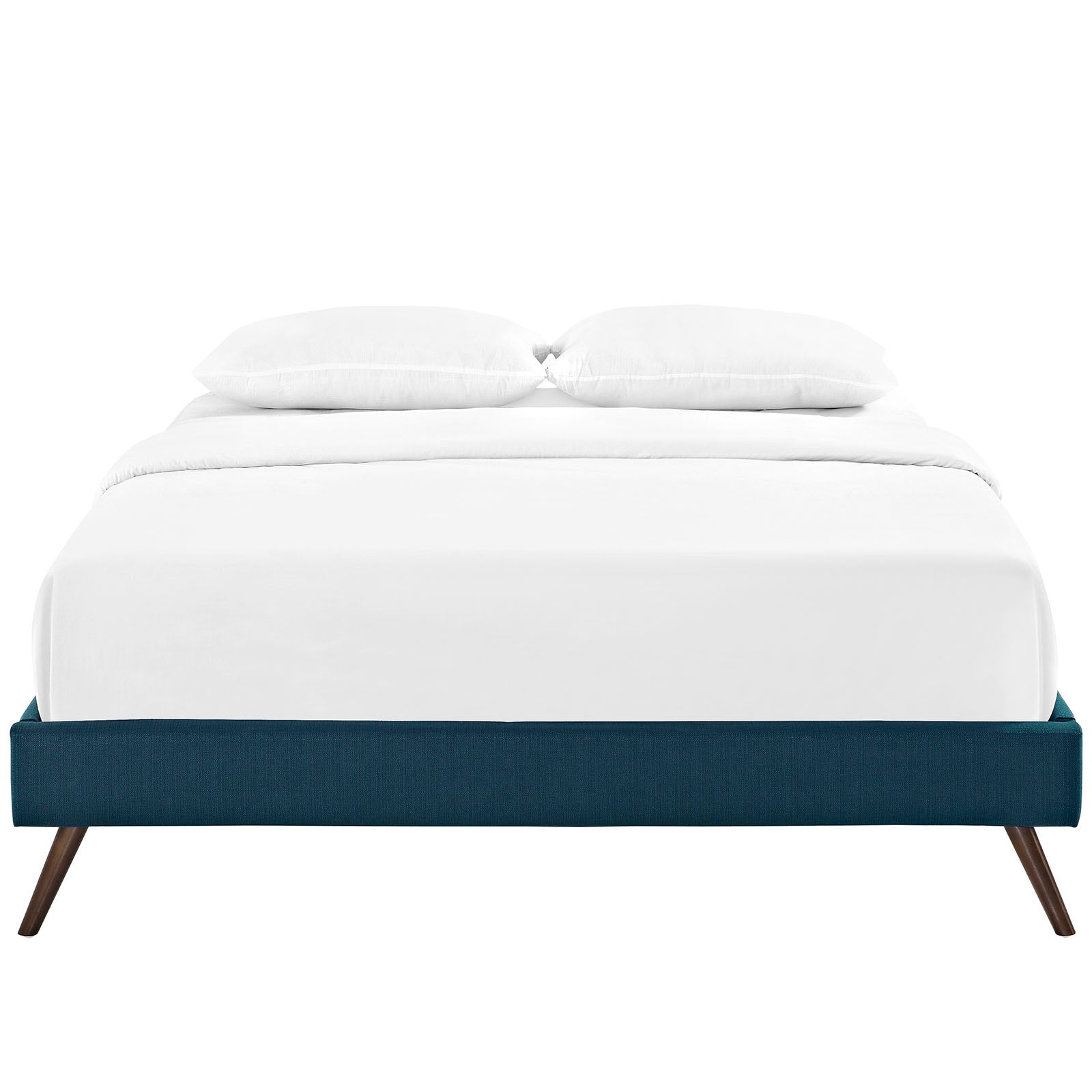 Teal fabric full bed frame with white bedding; round splayed legs.