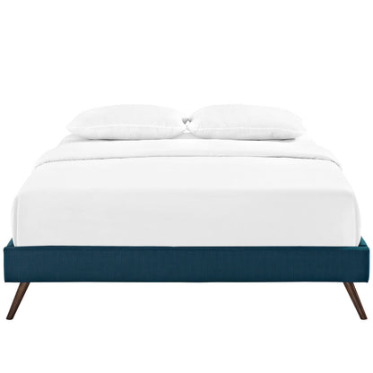 Teal fabric full bed frame with white bedding; round splayed legs.