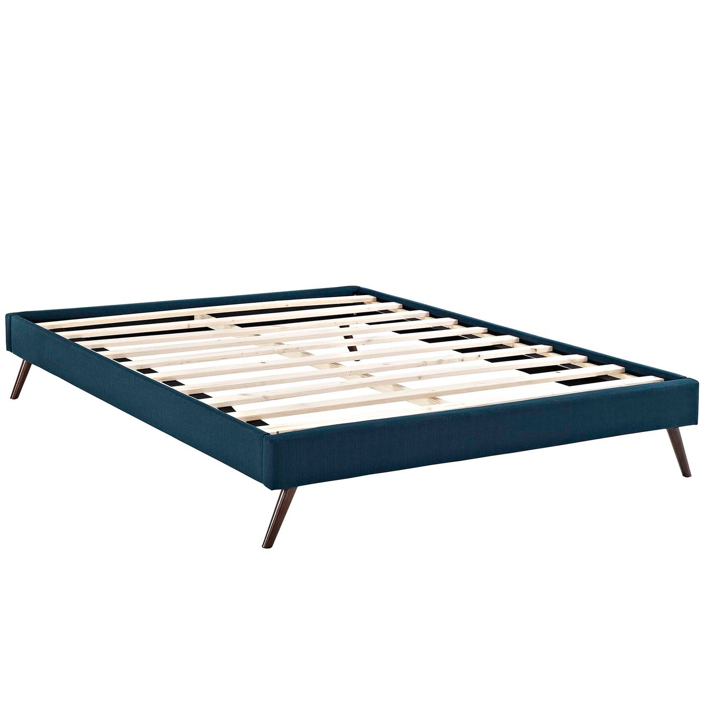 Azure fabric queen bed frame with round splayed legs, wooden slats, and mid-century modern style.