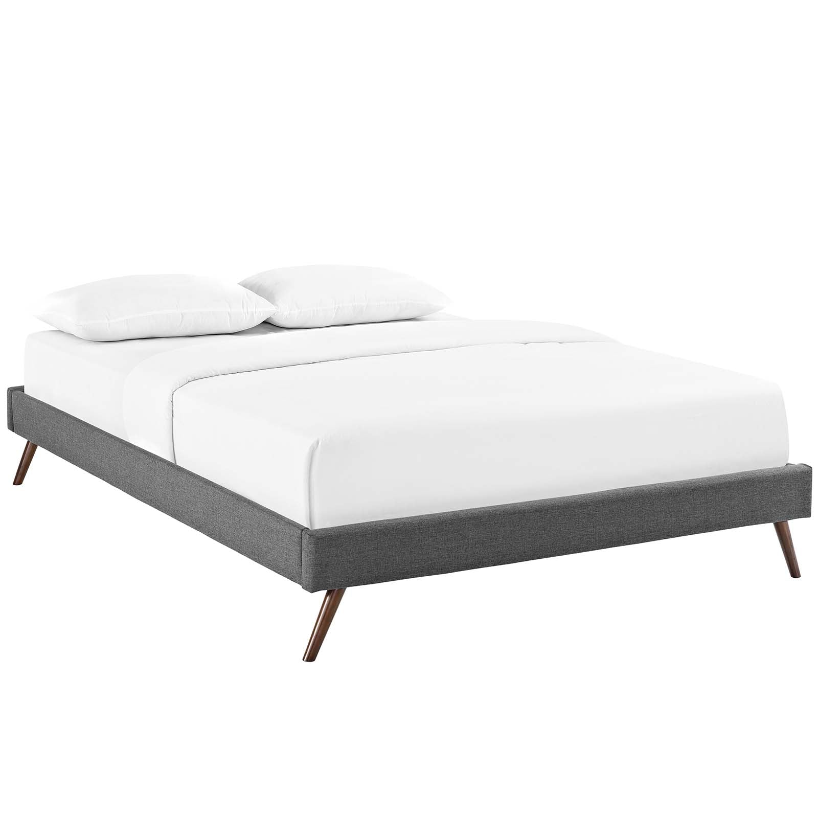 Gray fabric upholstered queen bed frame with round splayed legs, white bedding and two pillows.