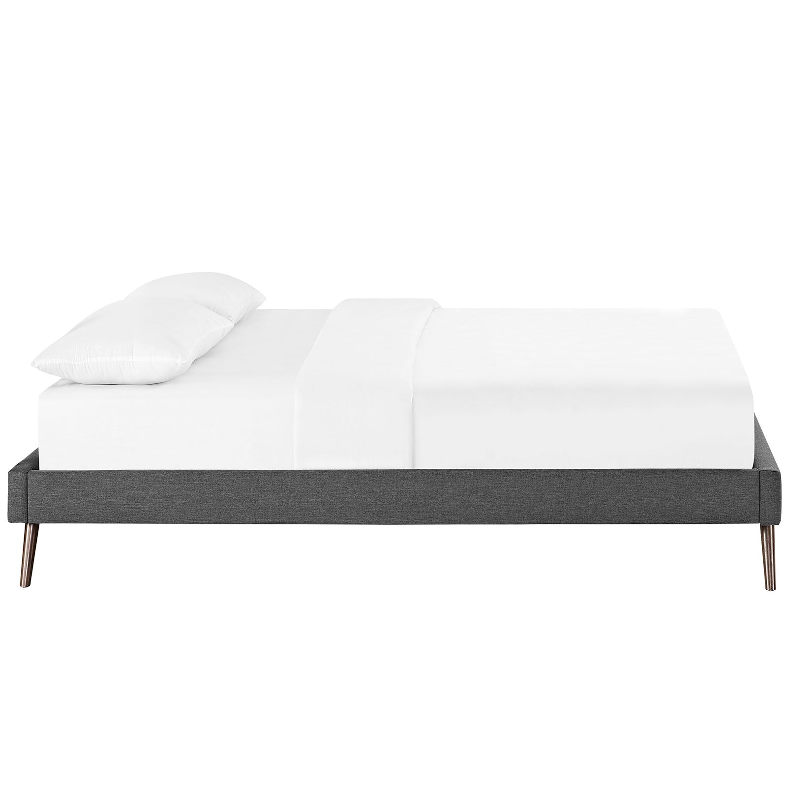 Gray fabric queen bed frame with round splayed legs and white bedding.