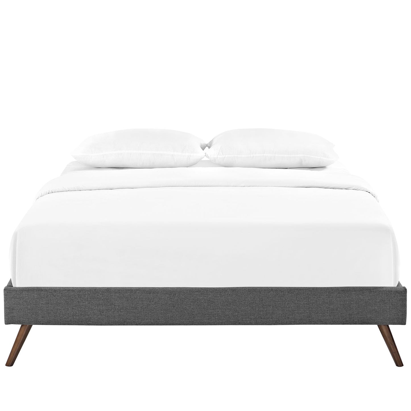 Grey upholstered platform bed with white bedding & angled wooden legs.