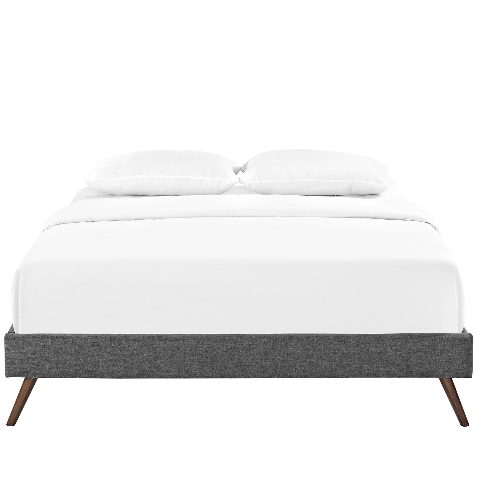 Grey upholstered platform bed with white bedding & angled wooden legs.