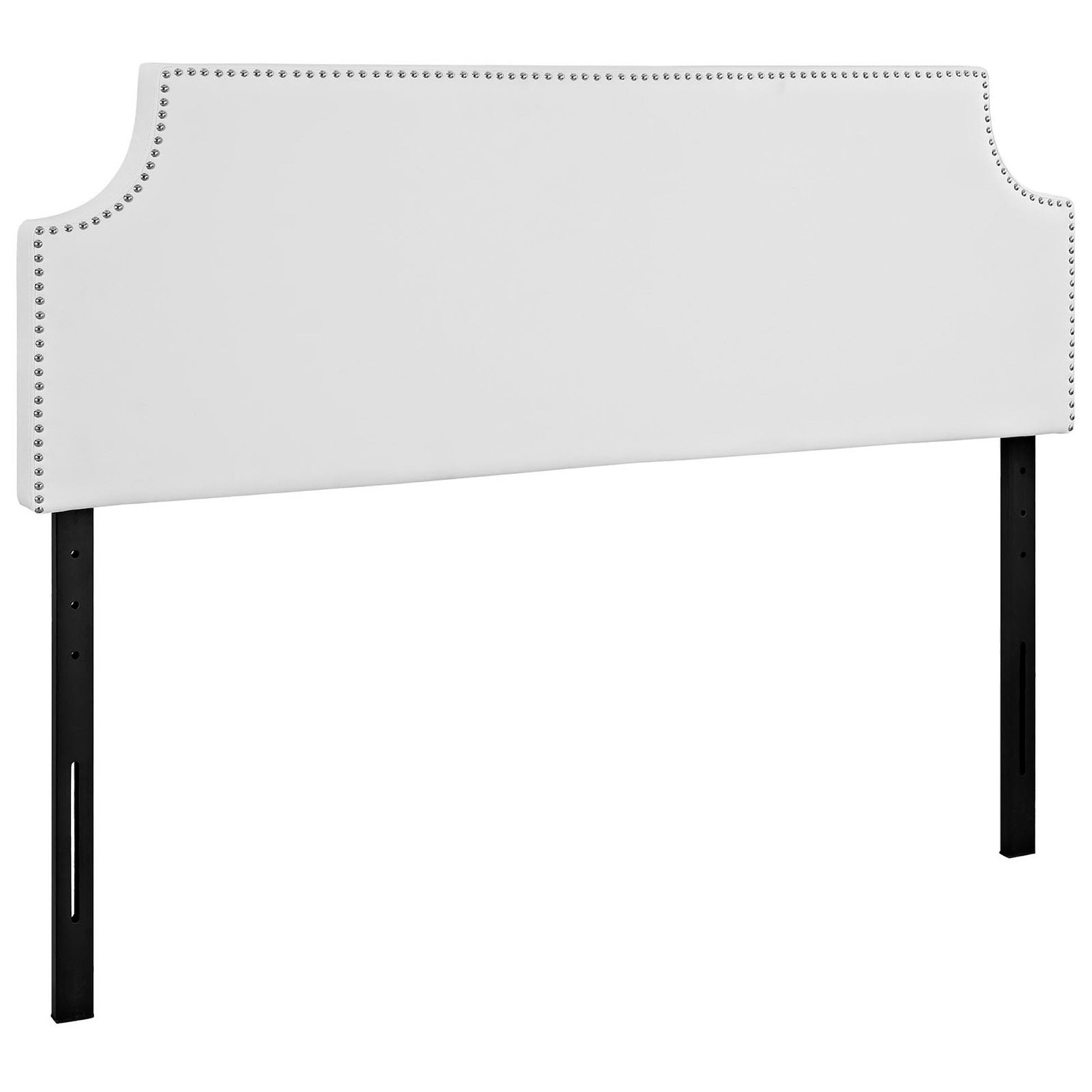 White upholstered headboard with nailhead trim, curved top and cutout sides, mounted on black metal legs.