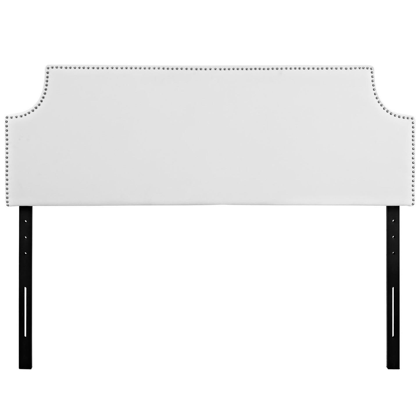 White upholstered headboard with nailhead trim and curved side accents, supported by two black metal legs.
