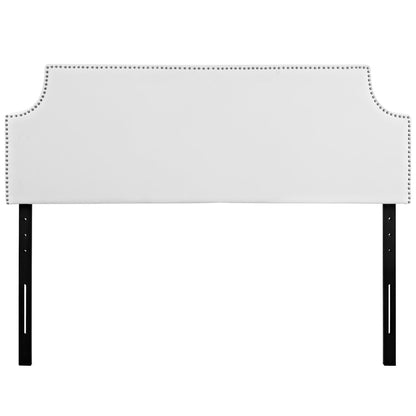 White upholstered headboard with nailhead trim and curved side accents, supported by two black metal legs.