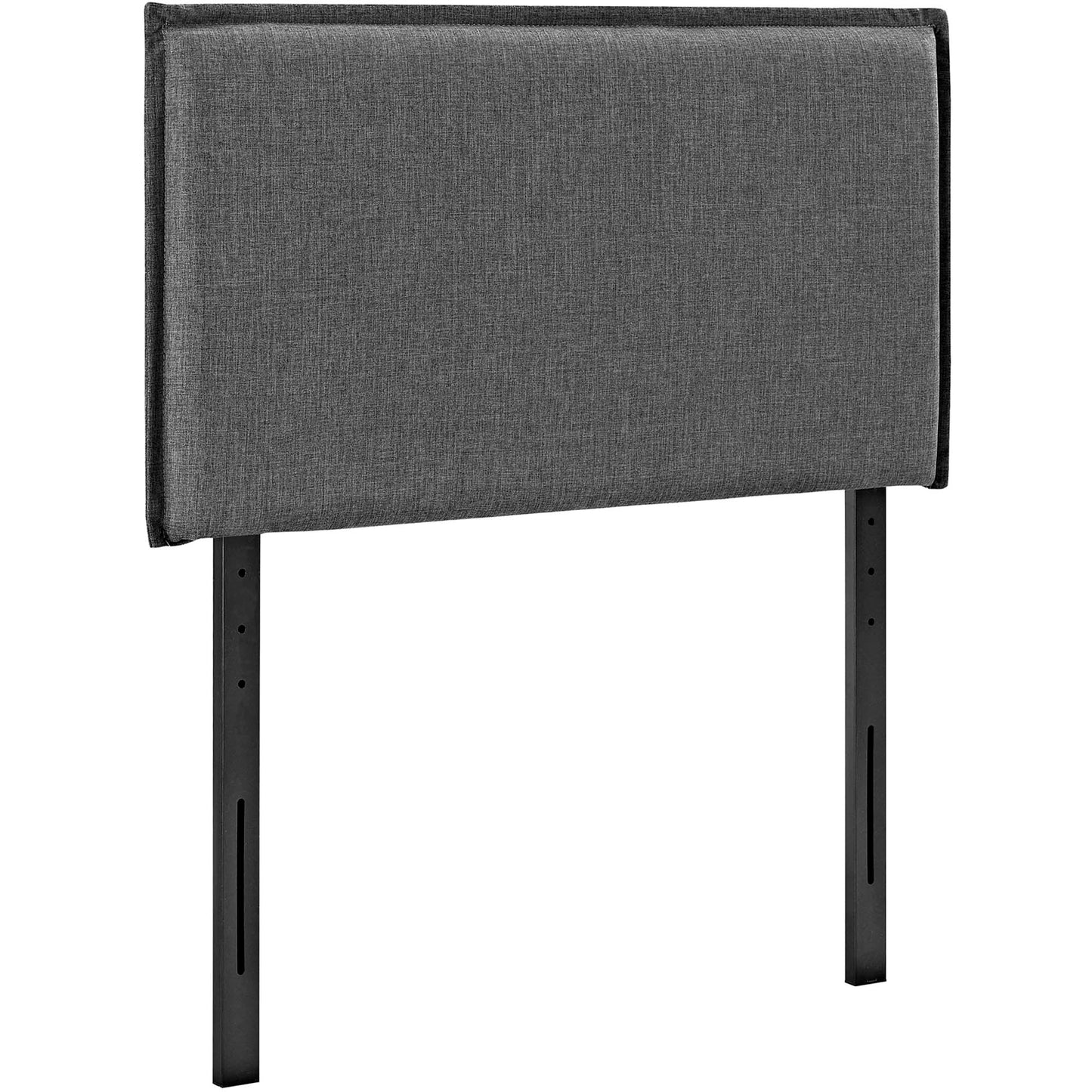 Grey fabric upholstered headboard panel with black metal legs; modern industrial style for beds.
