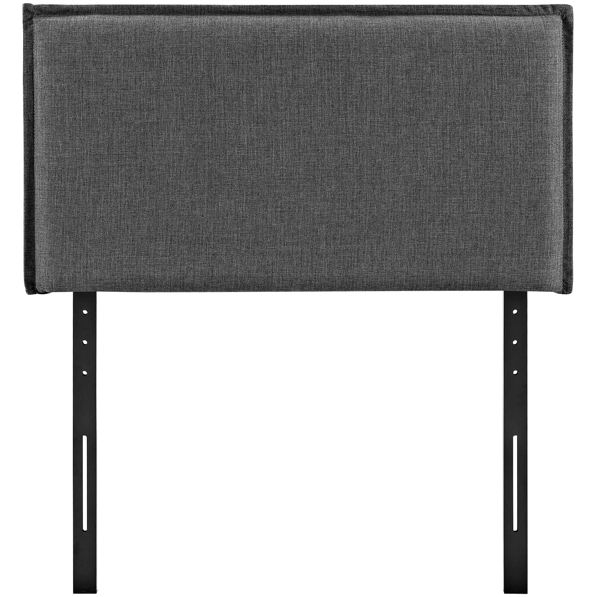 Gray fabric upholstered rectangular twin headboard with black metal legs, contemporary style.