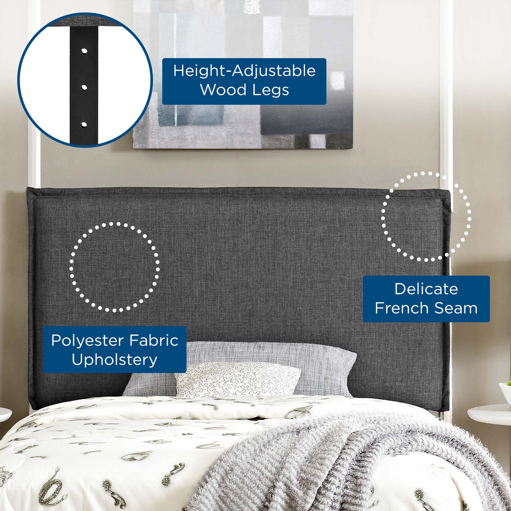 Grey upholstered twin headboard with a tall silhouette, polyester fabric, and delicate French seam.