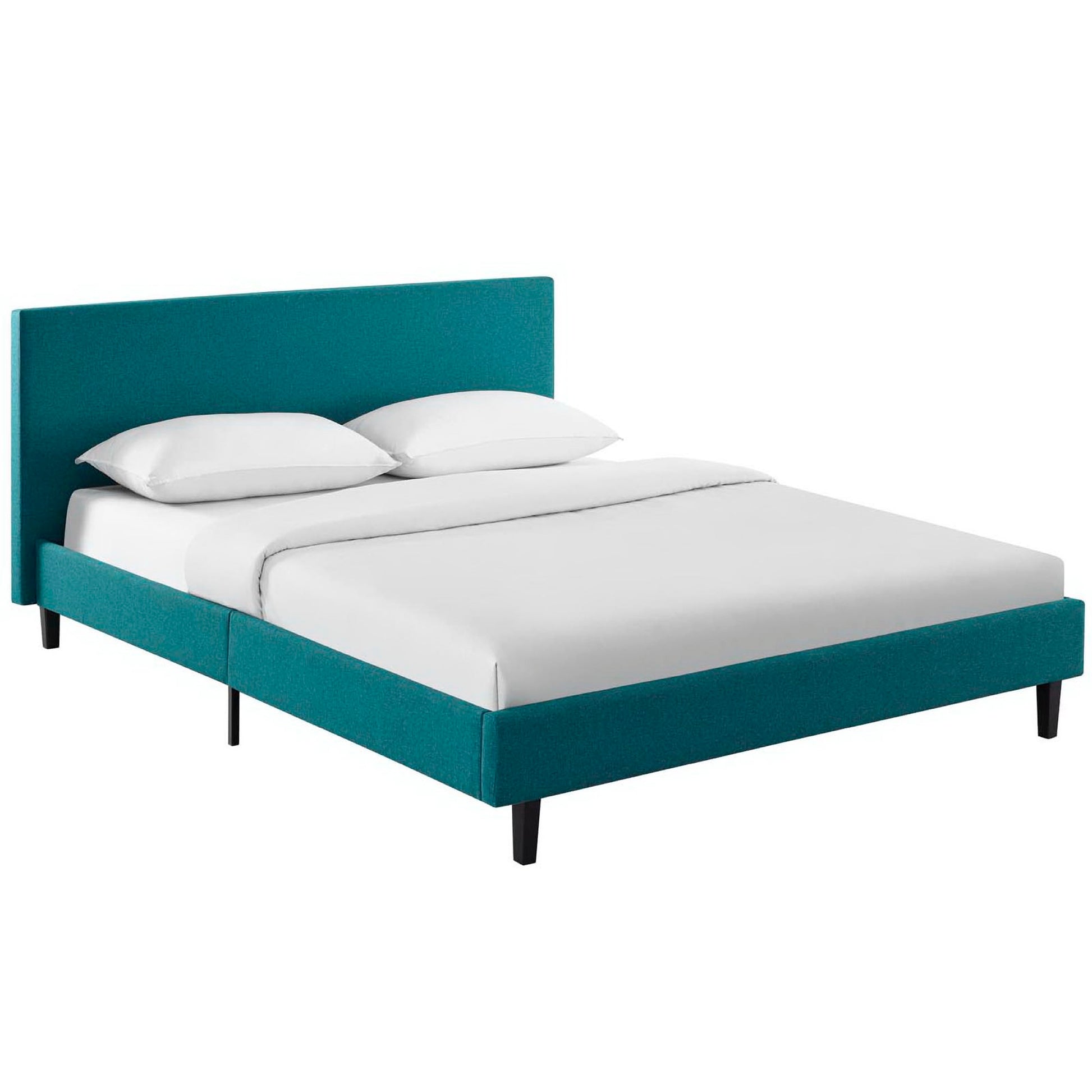 Teal upholstered platform bed with tall headboard, white bedding and pillows, modern mid-century style, dark legs.