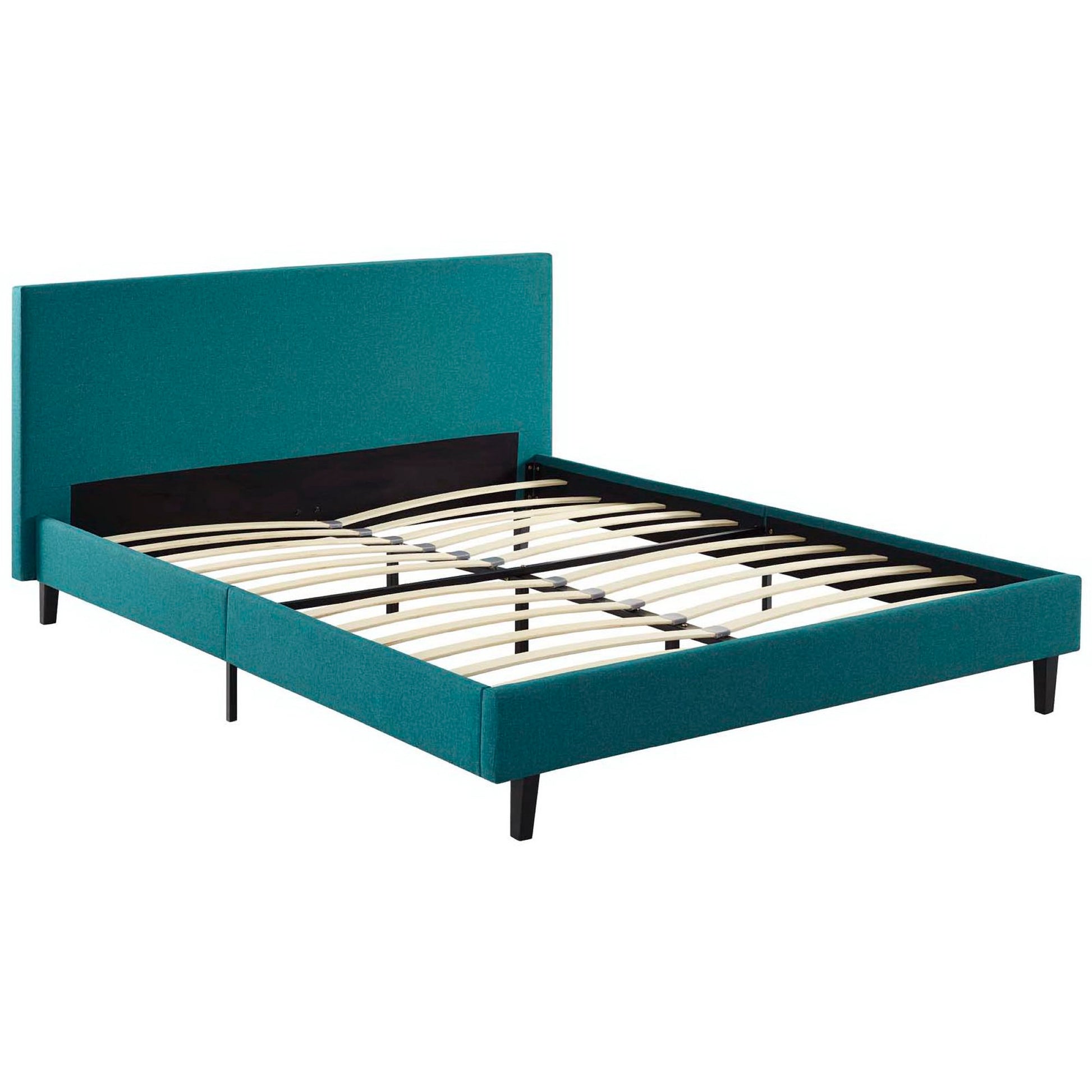 Teal upholstered platform bed with tall rectangular headboard, low frame, black legs & slatted base.