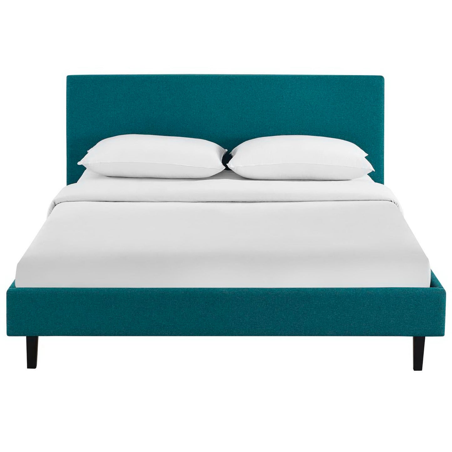Teal fabric full bed with tall upholstered headboard, white bedding and two pillows; modern minimalist bedroom furniture.