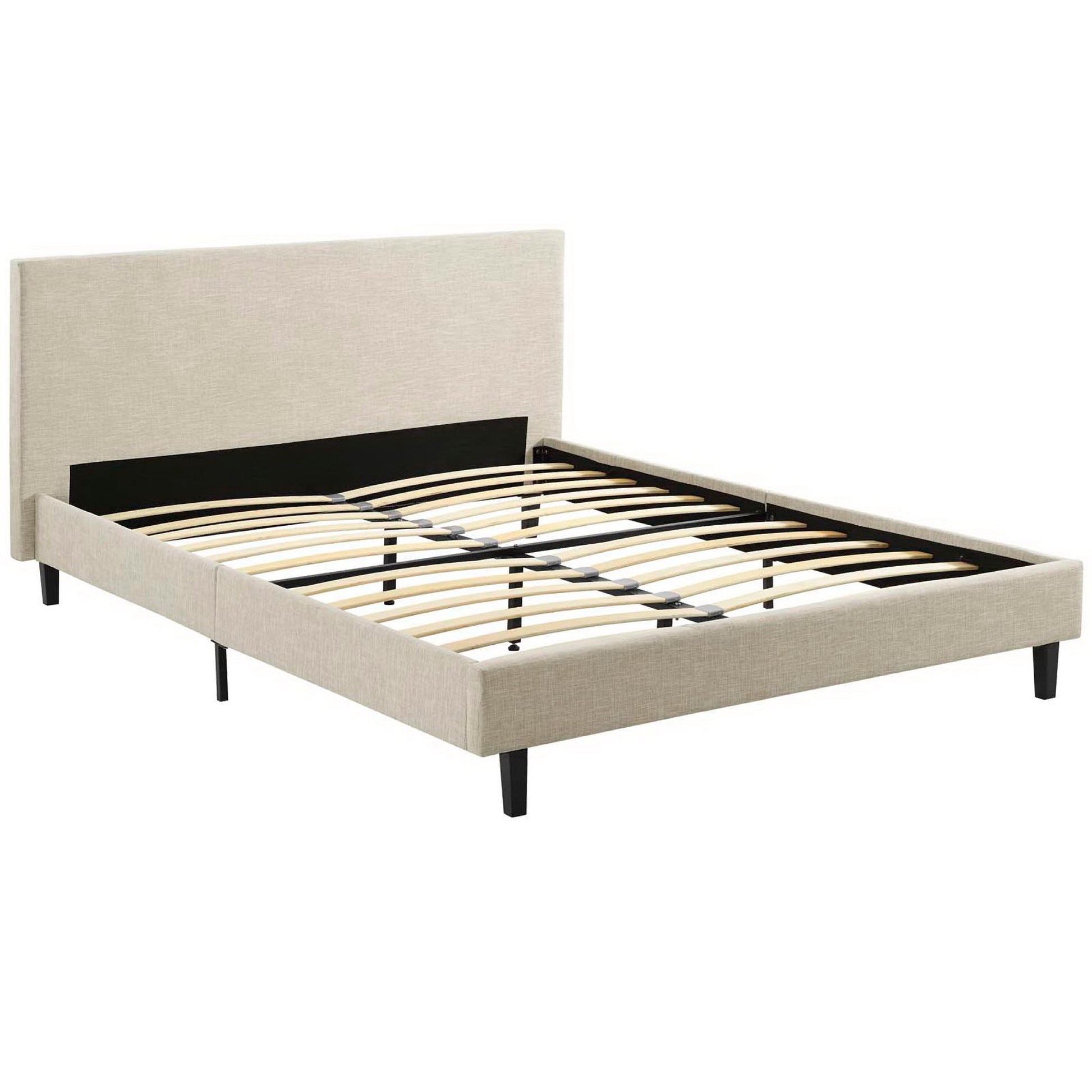 Beige fabric upholstered platform bed with tall headboard, slatted base and black tapered legs.
