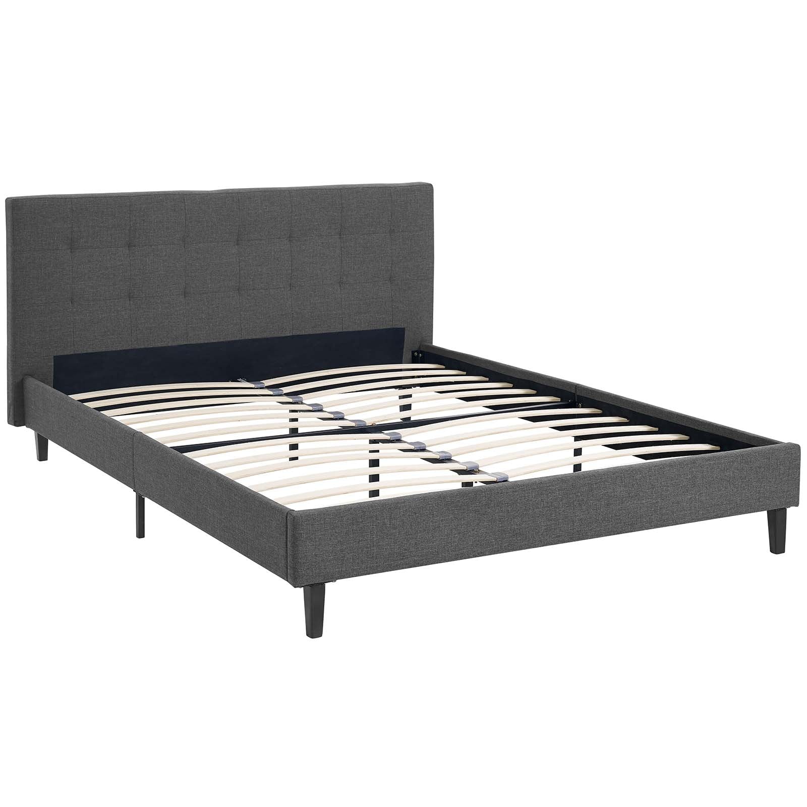 Grey fabric upholstered bed frame with a tall tufted headboard and a slatted base with tapered legs.
